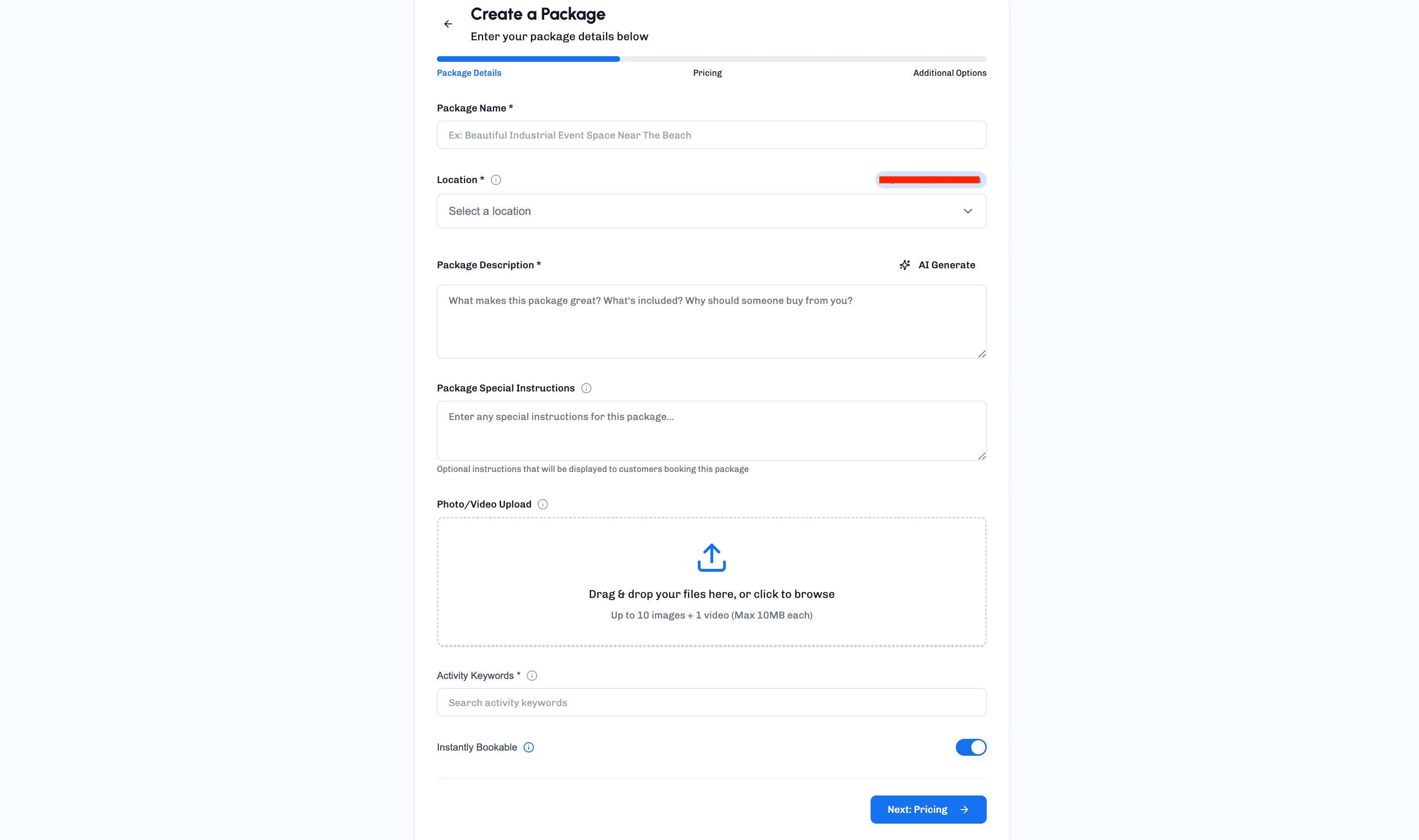 Create a Package form showing fields for Package Name, Location, Description, Special Instructions, Photo/Video Upload, Activity Keywords, and Instantly Bookable toggle