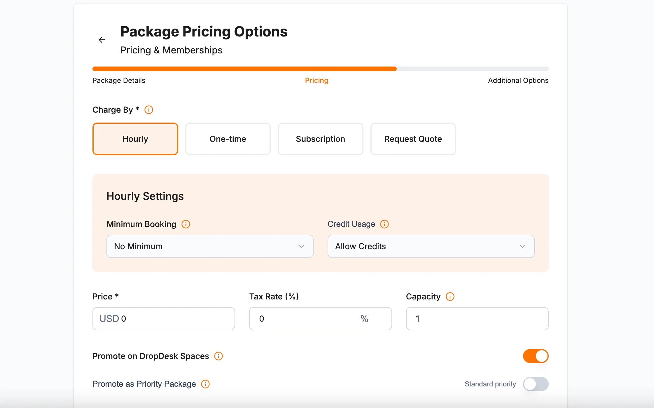 Package Pricing Options showing Hourly charge type with Hourly Settings including Minimum Booking and Credit Usage options