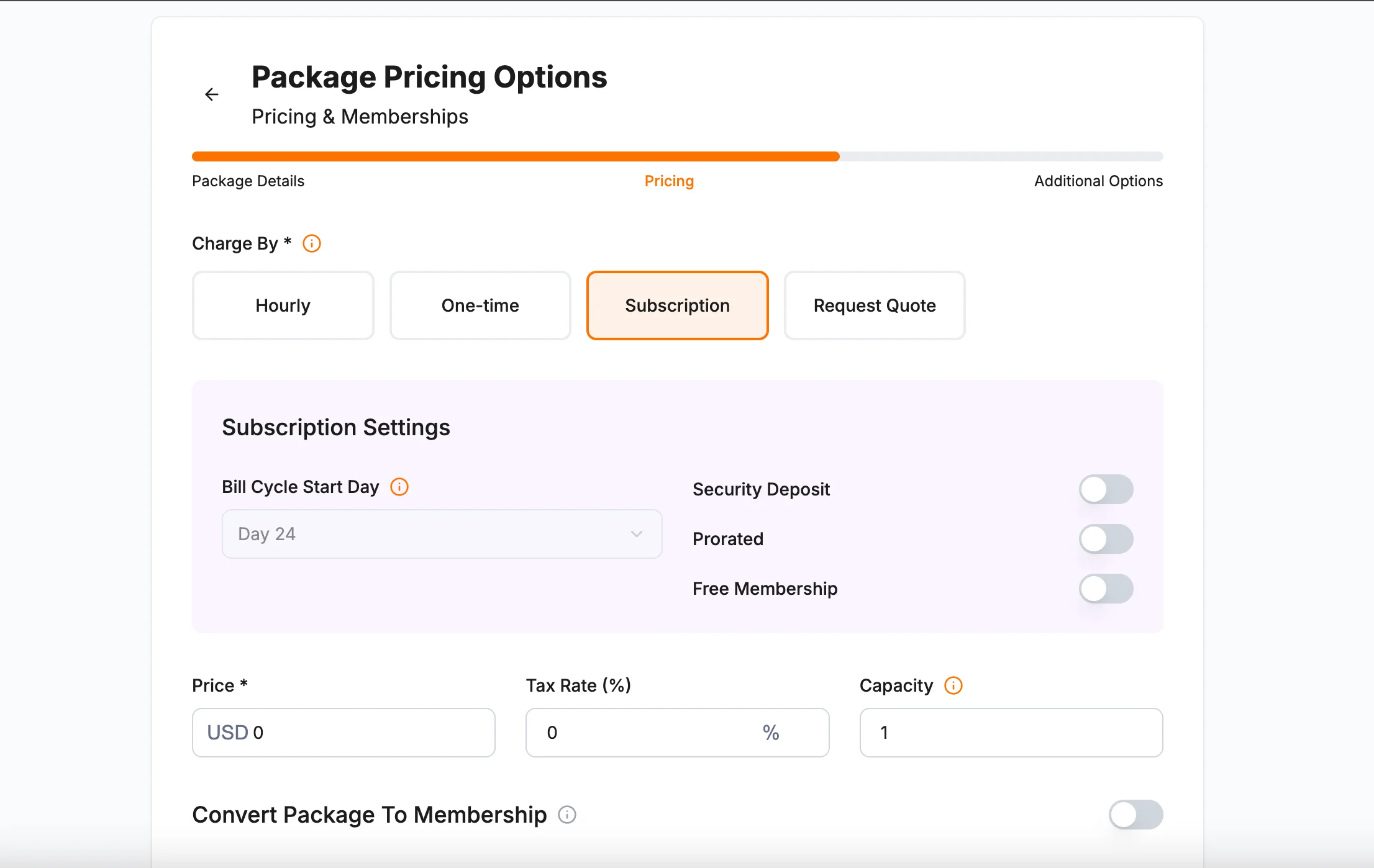 Package Pricing Options showing Subscription charge type with Bill Cycle Start Day, Security Deposit, Prorated, and Free Membership options