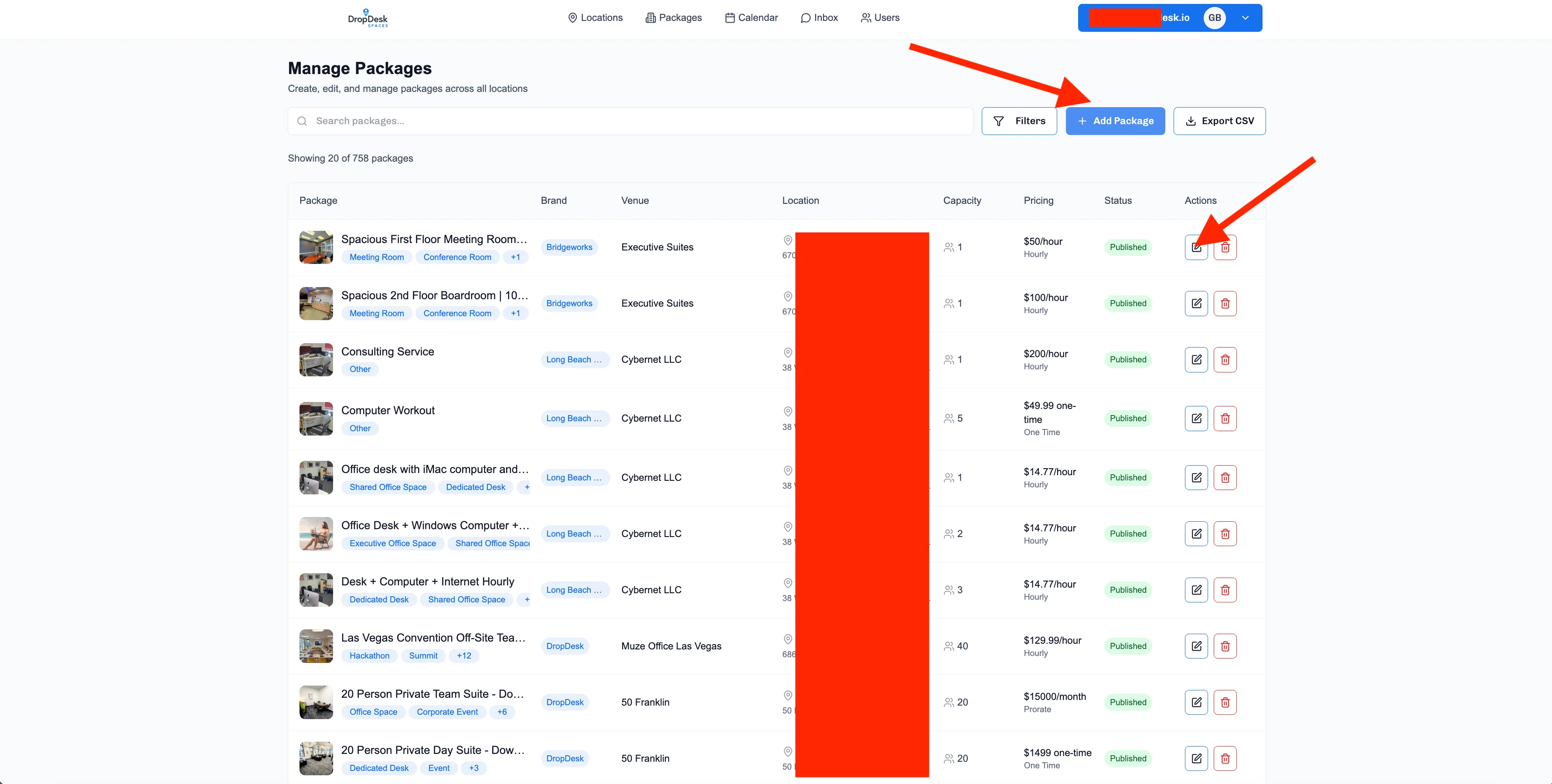 Manage Packages page showing package list with Add Package button and Edit actions