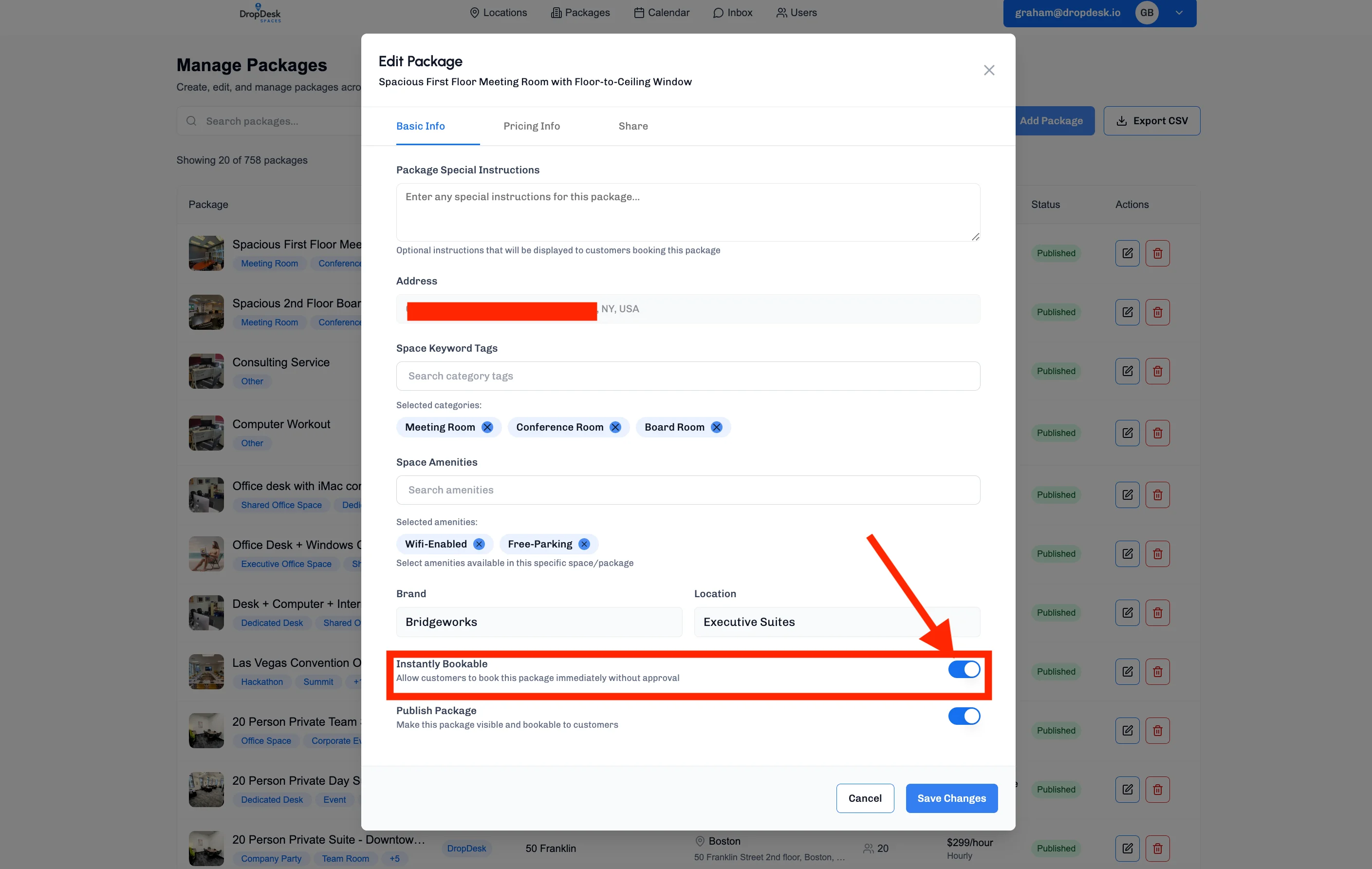 Edit Package modal showing the Instantly Bookable toggle at the bottom of the form