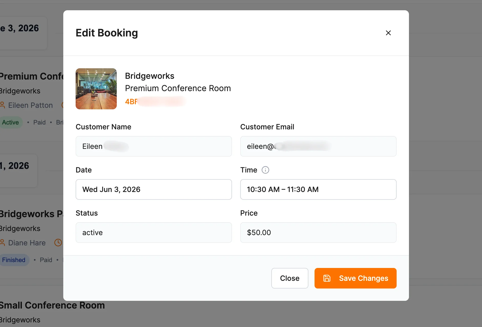 Edit Booking modal showing fields for Customer Name, Customer Email, Date, Time, Status, and Price with Save Changes button