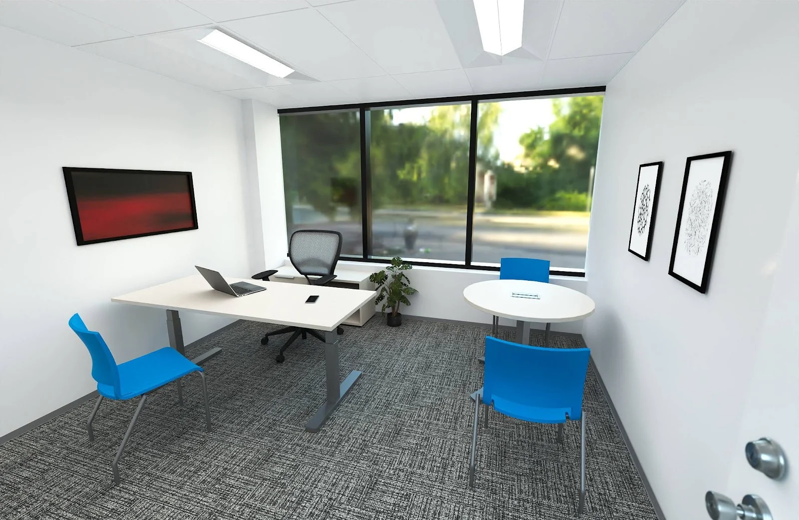 Office Suites One Stamford - modern private office with white desk and blue accent chairs