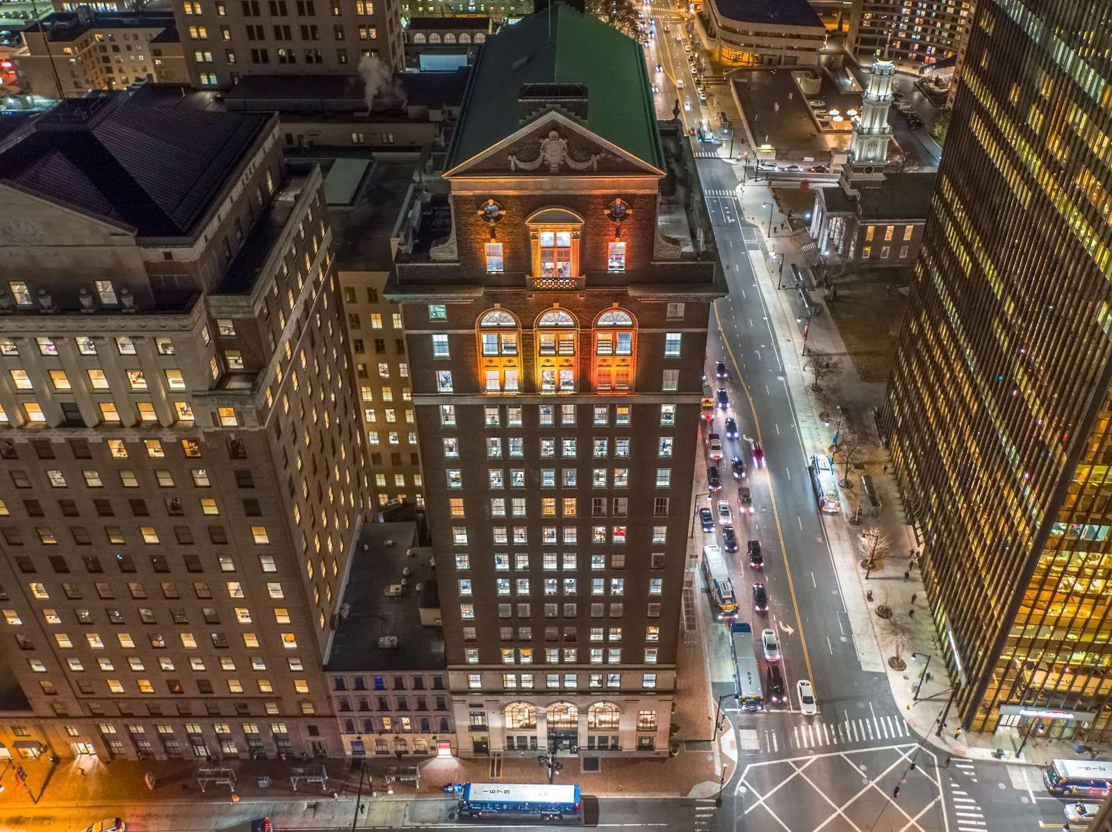 Stark Office Suites Hartford - aerial night view of historic Stark Building in downtown Hartford