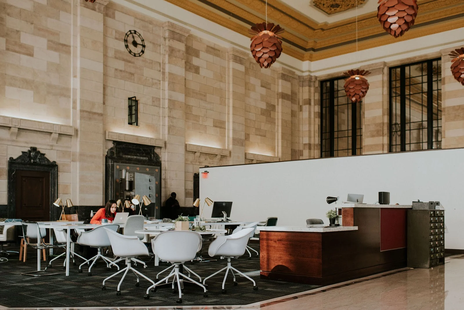 B:Hive Bridgeport - grand historic bank hall with marble walls and copper pendants