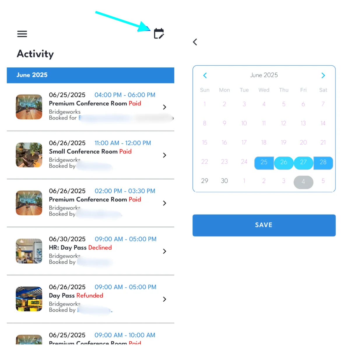 DropDesk mobile app showing the Activity Calendar with the Calendar Icon in the top right, and a calendar picker for selecting blackout dates