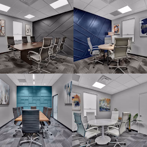 iWorkspaces four-panel collage showing different meeting rooms with modern furnishings and accent walls