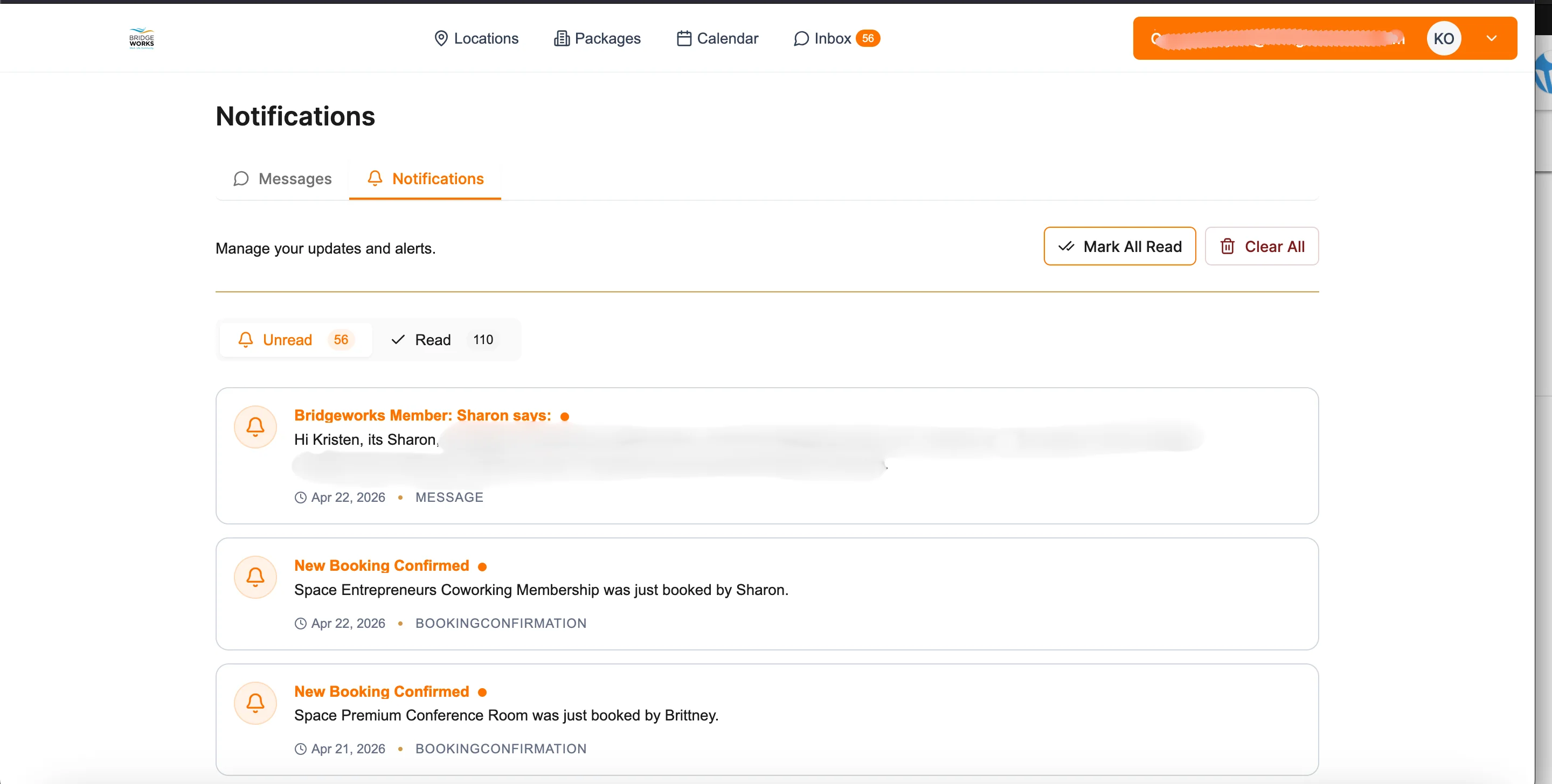 DropDesk Inbox Notifications tab showing unread and read notifications including booking confirmations