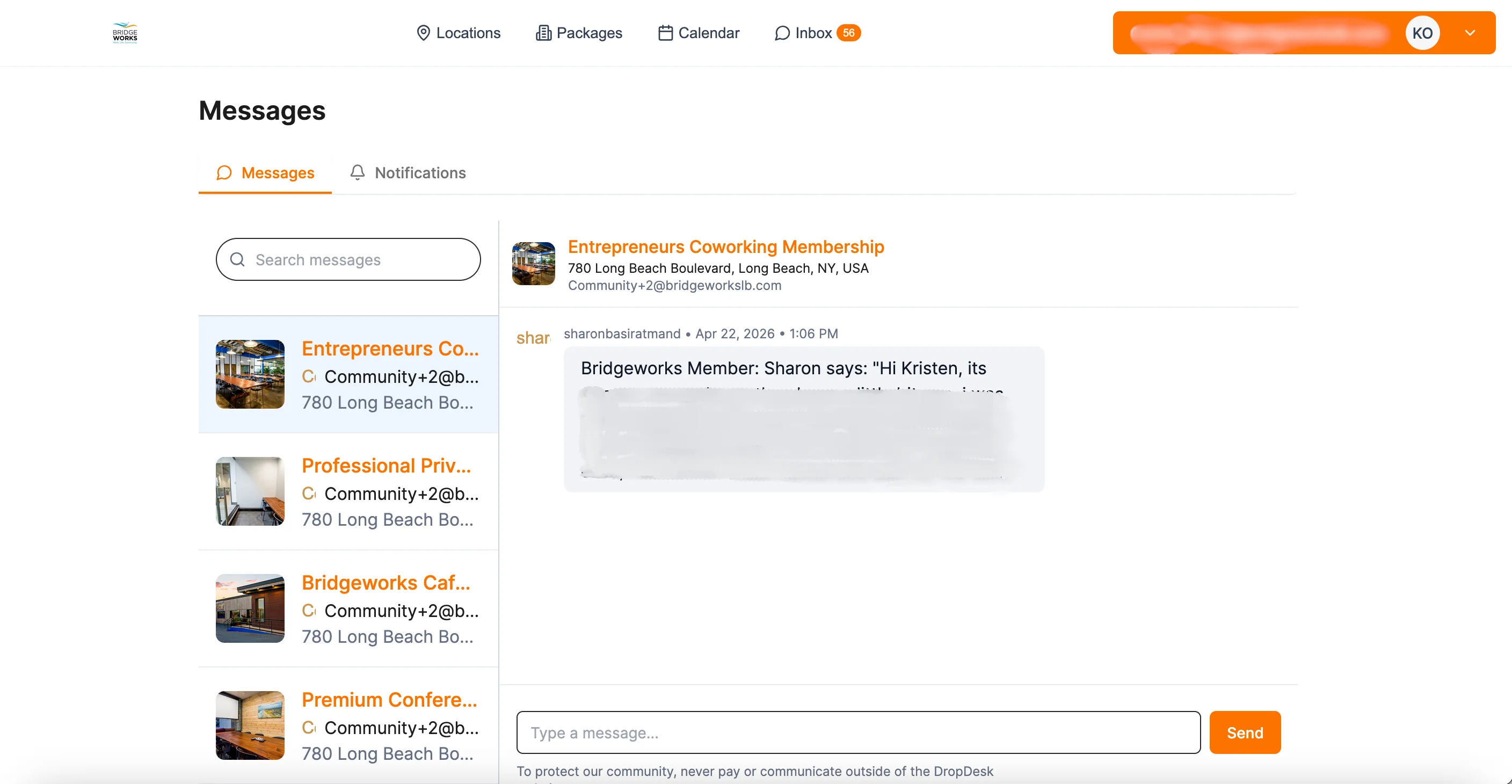 DropDesk Inbox Messages tab showing conversation threads with users and a message detail view