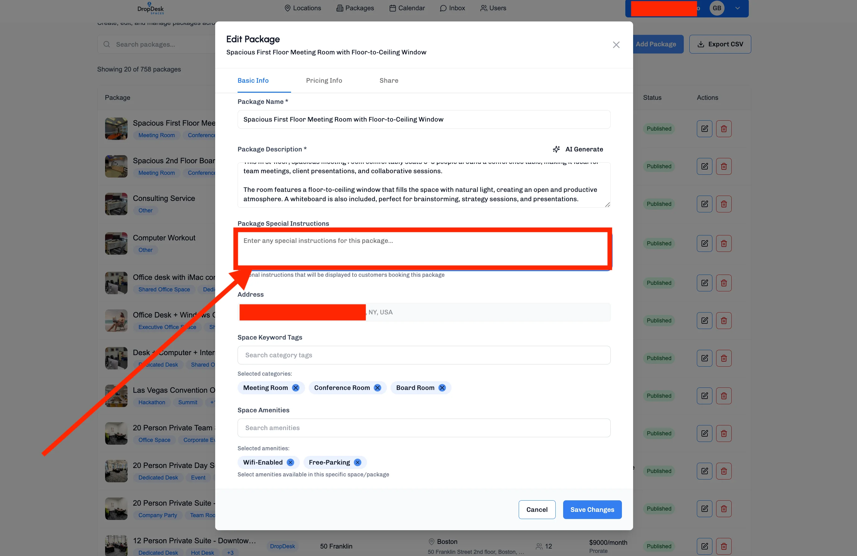 Edit Package modal showing the Package Special Instructions field for entering booking-specific details