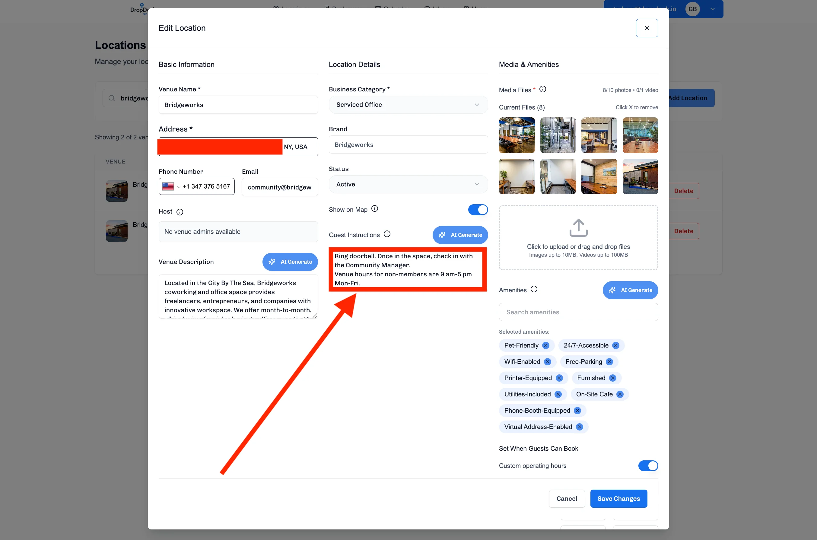 Edit Location modal showing the Guest Instructions field with venue-wide instructions like check-in procedures and venue hours
