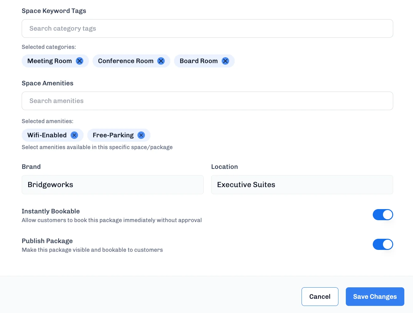 Space Keyword Tags interface showing selected categories Meeting Room, Conference Room, and Board Room, plus Space Amenities with Wifi-Enabled and Free-Parking tags