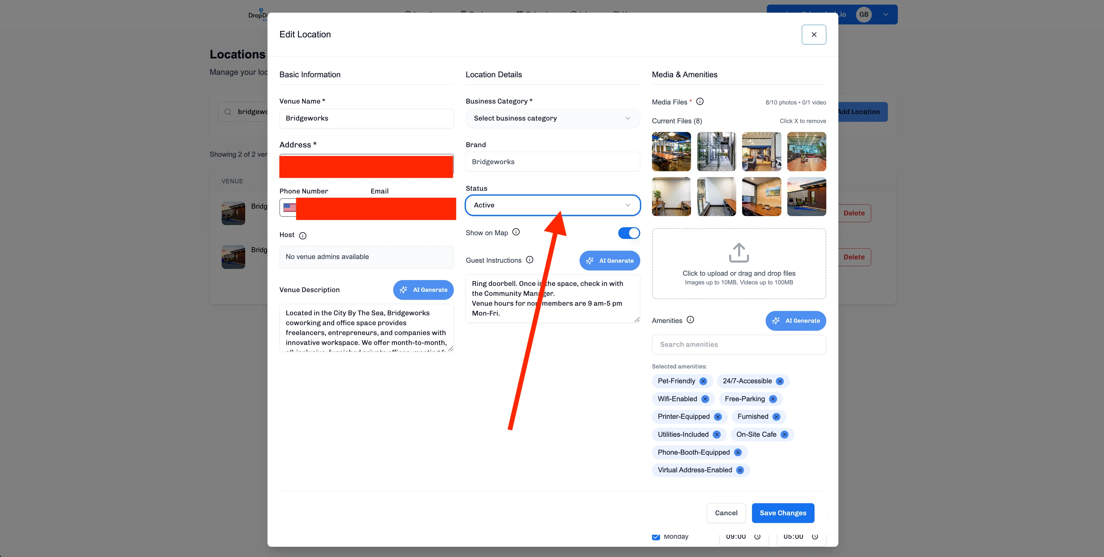 Edit Location popup showing venue details and the Status dropdown menu