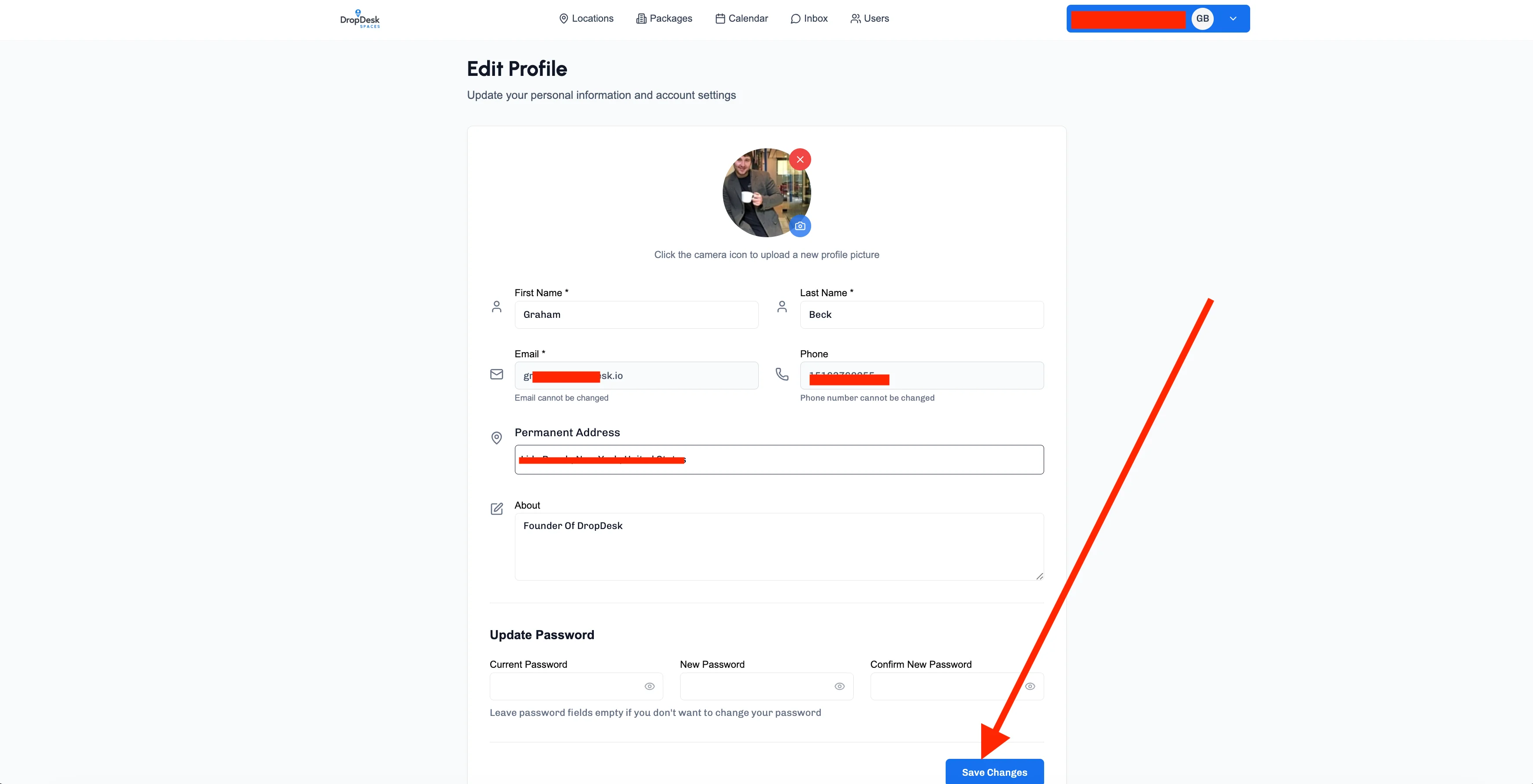 Edit Profile page showing fields for name, email, phone, address, about section, and password update