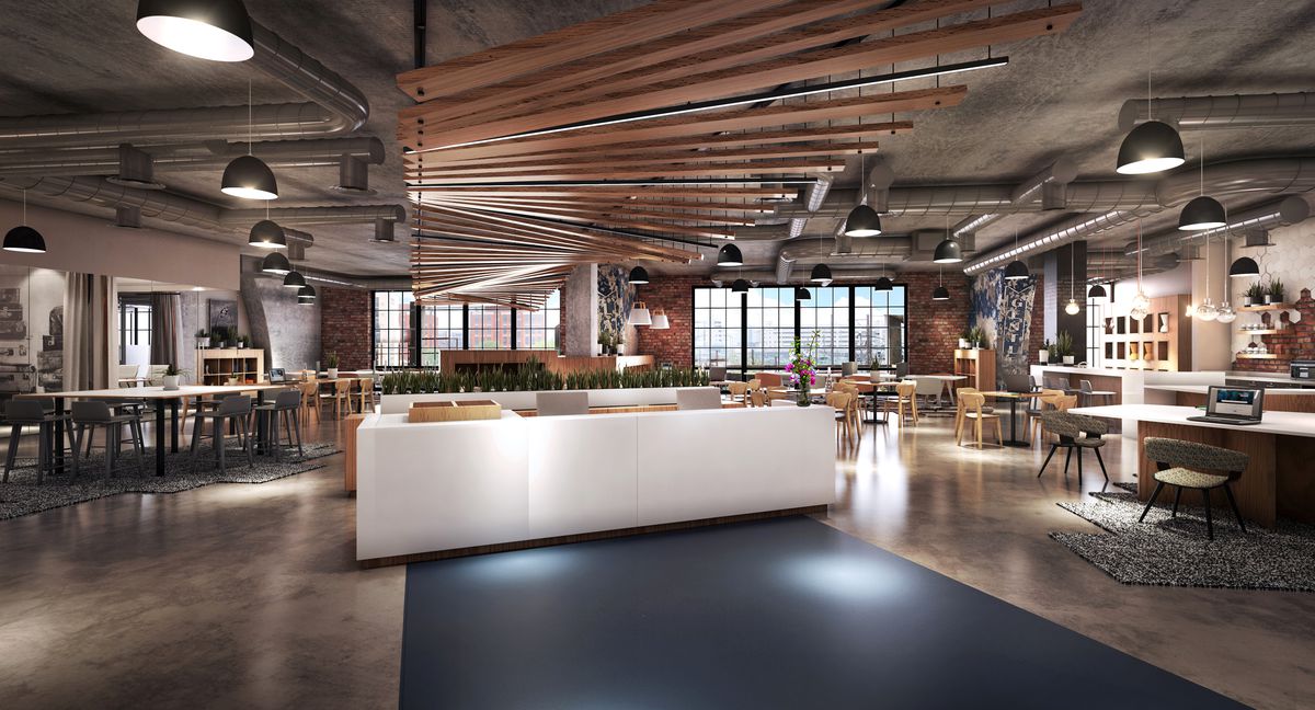 Spaces NoMa industrial-chic open workspace with dramatic wood slat ceiling sculpture, exposed brick, polished concrete floors, and communal tables