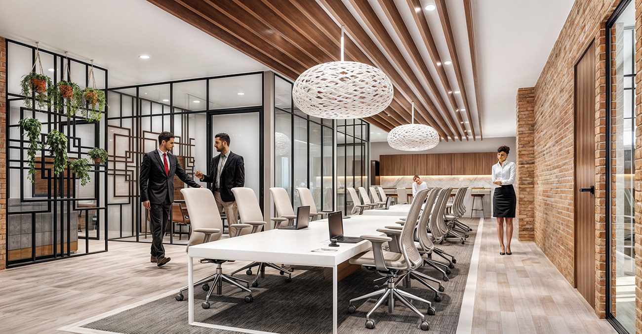 Launch Workplaces upscale coworking with walnut wood slat ceiling, white woven pendant lights, glass partitions with hanging plants, and white desks