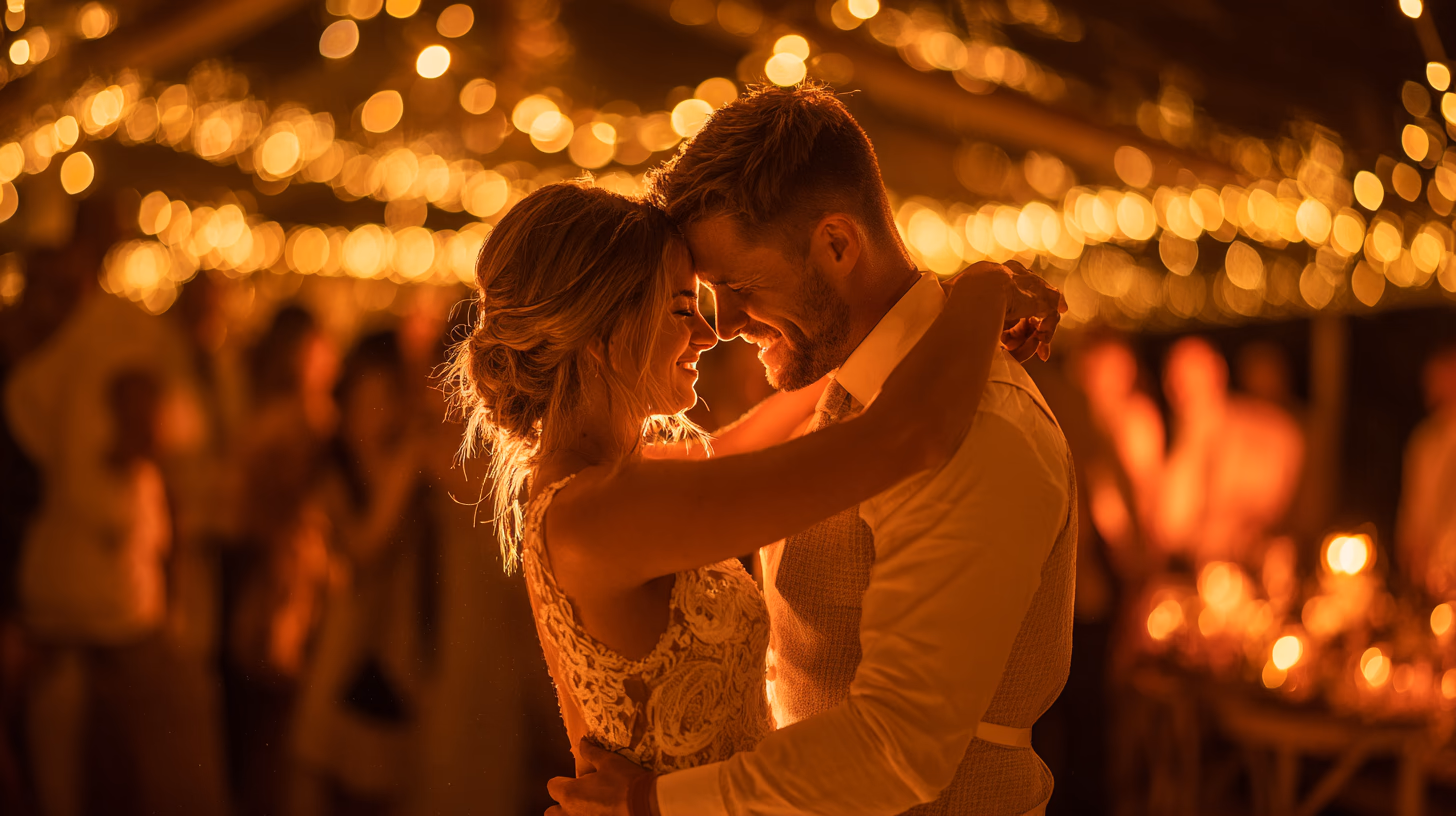 Wedding celebration with couple dancing