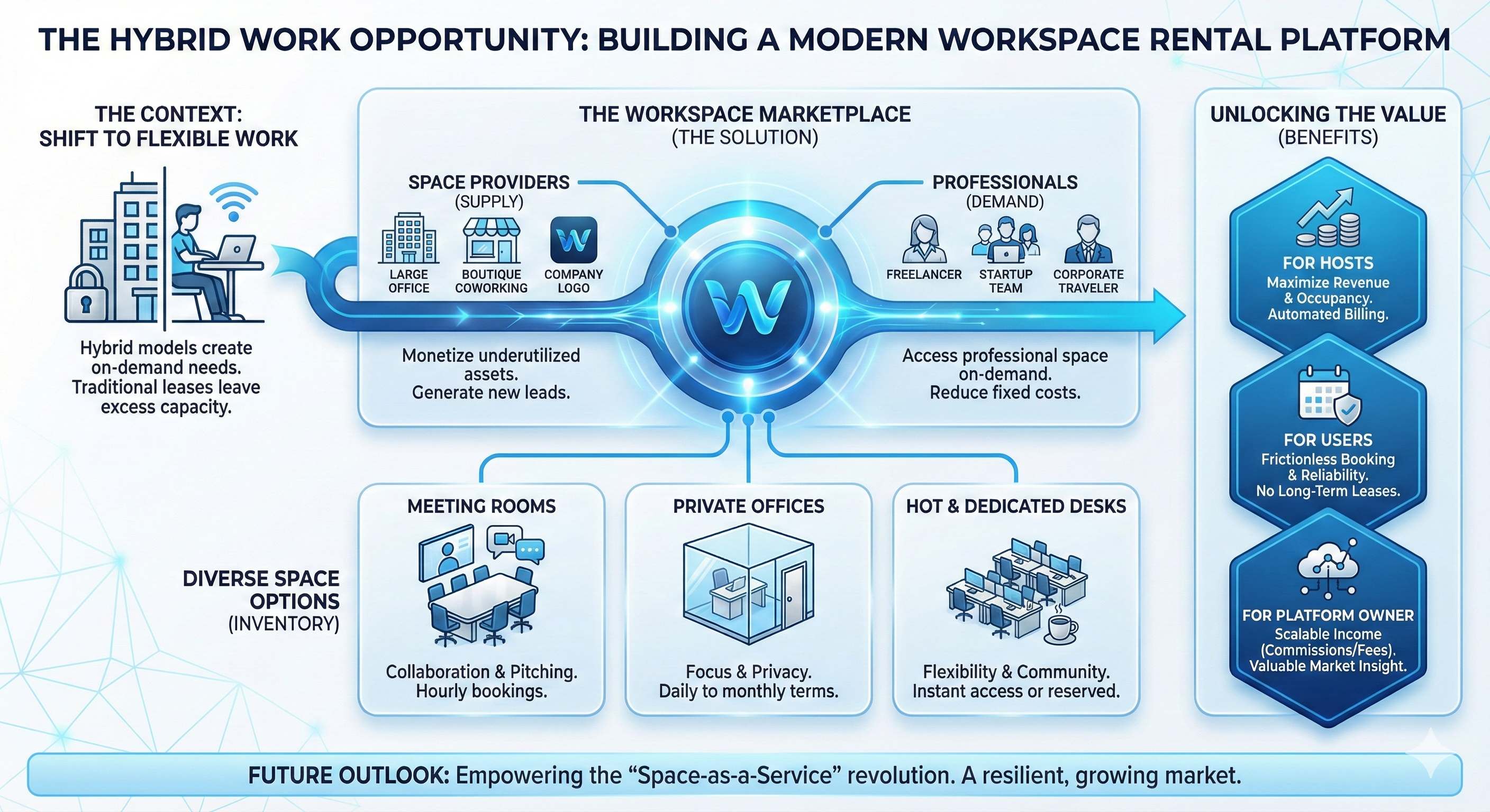 Infographic showing the hybrid work opportunity - a workspace marketplace connecting space providers (large offices, boutique coworking, company logos) with professionals (freelancers, startup teams, corporate travelers), featuring diverse space options like meeting rooms, private offices, and hot/dedicated desks
